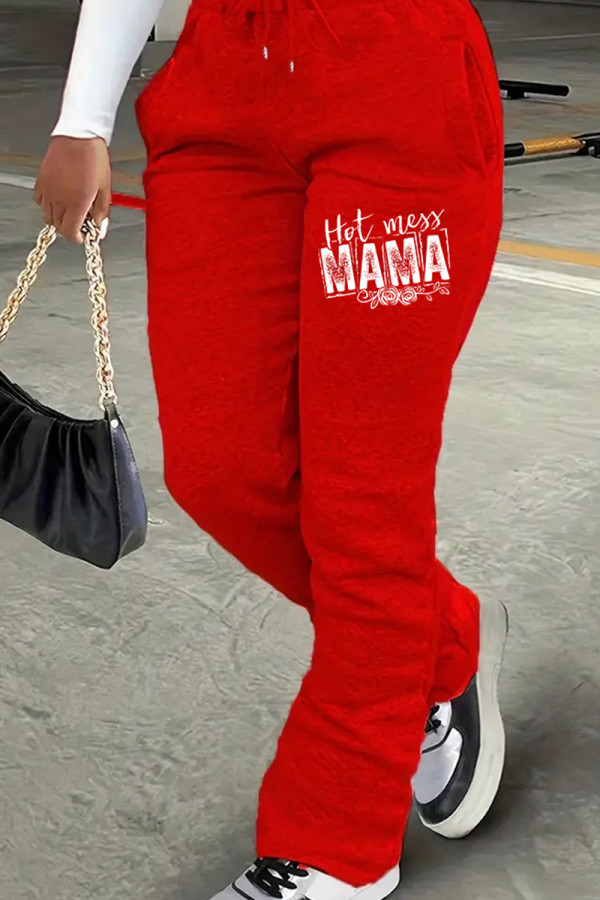 Red Casual Print Draw String Pocket Patchwork Regular Mid Waist Conventional Positioning Print Bottoms