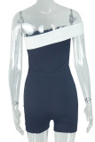 Black White Sexy Patchwork Backless Contrast Oblique Collar Regular Rompers