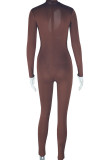 Dark Brown Casual Solid Color Hollow Out Patchwork O Neck Skinny Jumpsuits