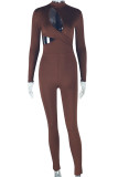 Dark Brown Casual Solid Color Hollow Out Patchwork O Neck Skinny Jumpsuits