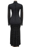 Black Elegant Solid Color Patchwork Hot Drill O Neck Long Dresses