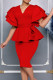 Red Elegant Solid Color Slit Strap Design Ruffled Trim V Neck Evening Dresses