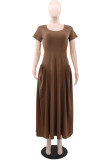Coffee Elegant Solid Color Patchwork Asymmetrical Collar Long Dresses