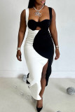 Black White Sexy Hollow Out Patchwork Contrast Long Dresses