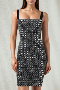 Black Sexy Solid Color Patchwork Backless Hot Drill Sling Dresses