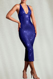 Apricot Sexy Solid Color Backless Slit Hot Drill Spaghetti Strap Long Dresses