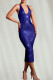 Blue Sexy Solid Color Backless Slit Hot Drill Spaghetti Strap Long Dresses