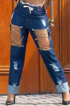 Deep Blue Sexy Casual Solid Color Ripped Hollow Out Pocket Chains Skinny Mid Waist Patchwork Bottoms