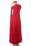 Red Elegant Solid Color Lace Patchwork Strapless Long Dresses