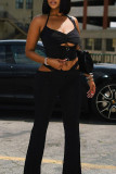 Black Casual Solid Color Lace Hollow Out Backless Halter Two Pieces