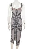 Brown Sexy Print Patchwork Backless Spaghetti Strap Sling Dresses