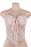 Pink Sexy Solid Color Lace Patchwork Backless Halter Tops