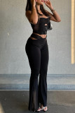 Black Casual Solid Color Lace Hollow Out Backless Halter Two Pieces