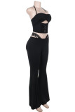 Black Casual Solid Color Lace Hollow Out Backless Halter Two Pieces