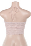 Pink Sexy Solid Color Lace Patchwork Backless Halter Tops