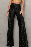 Black Casual Solid Color Sequins Patchwork Loose Mid Waist Wide Leg Patchwork Bottoms