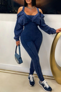 Blue Sexy Casual Solid Color Patchwork Spaghetti Strap Bodycon Jumpsuits