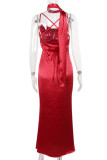 Red Elegant Solid Color Patchwork Backless Spaghetti Strap Sling Dresses