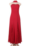 Red Elegant Solid Color Lace Patchwork Strapless Long Dresses