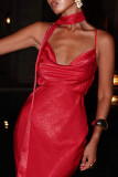 Red Elegant Solid Color Patchwork Backless Spaghetti Strap Sling Dresses