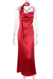 Red Elegant Solid Color Patchwork Backless Spaghetti Strap Sling Dresses