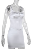 White Sexy Solid Color Patchwork Backless Spaghetti Strap Sling Dresses