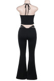 Black Casual Solid Color Lace Hollow Out Backless Halter Two Pieces