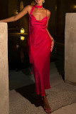 Red Elegant Solid Color Patchwork Backless Spaghetti Strap Sling Dresses