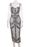 Brown Sexy Print Patchwork Backless Spaghetti Strap Sling Dresses