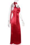 Red Elegant Solid Color Patchwork Backless Spaghetti Strap Sling Dresses