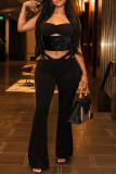 Black Casual Solid Color Lace Hollow Out Backless Halter Two Pieces
