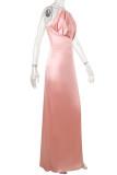 Pink Elegant Solid Color Patchwork Backless High Slit Ruched Halter Evening Dresses