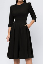 Black Elegant Solid Color Patchwork O Neck Long Dresses