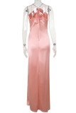 Pink Elegant Solid Color Patchwork Backless High Slit Ruched Halter Evening Dresses