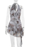 Snake Print Sexy Snakeskin Print Patchwork Ruffled Trim V Neck Wrapped Skirt Dresses