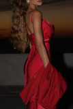 Red Elegant Solid Color Patchwork Backless Spaghetti Strap Sling Dresses