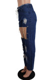 Deep Blue Sexy Casual Solid Color Ripped Hollow Out Pocket Chains Skinny Mid Waist Patchwork Bottoms