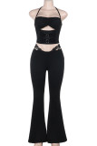 Black Casual Solid Color Lace Hollow Out Backless Halter Two Pieces