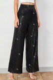 Black Casual Solid Color Sequins Patchwork Loose Mid Waist Wide Leg Patchwork Bottoms