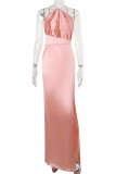 Pink Elegant Solid Color Patchwork Backless High Slit Ruched Halter Evening Dresses