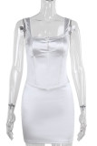 White Sexy Solid Color Patchwork Backless Spaghetti Strap Sling Dresses