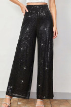 Black Casual Solid Color Sequins Patchwork Loose Mid Waist Wide Leg Patchwork Bottoms