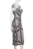 Brown Sexy Print Patchwork Backless Spaghetti Strap Sling Dresses