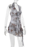 Snake Print Sexy Snakeskin Print Patchwork Ruffled Trim V Neck Wrapped Skirt Dresses