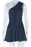 Dark Brown Sexy Solid Color Backless Oblique Collar Sleeveless Dresses