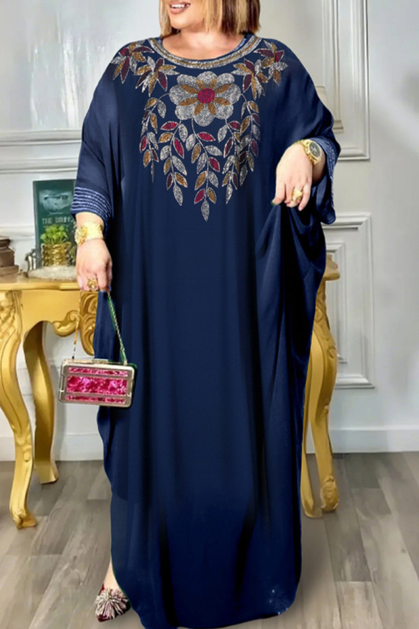 Tibetan Blue Casual Flowers Patchwork O Neck Long Sleeve Two Pieces