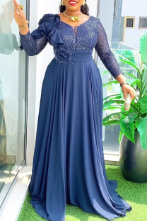 Deep Blue Elegant Solid Color Patchwork Ruched Flower Shape V Neck Long Plus Size Dresses