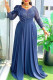 Deep Blue Elegant Solid Color Patchwork Ruched Flower Shape V Neck Long Plus Size Dresses