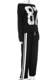 Black Casual Digital Draw String Patchwork Contrast Off Shoulder Long Sleeve Two Pieces