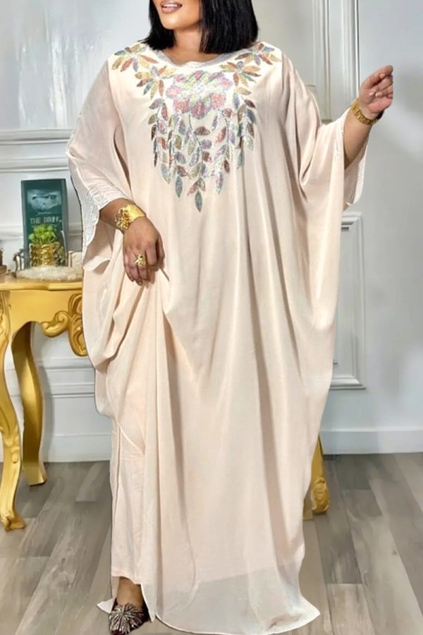 Apricot Casual Flowers Patchwork O Neck Long Sleeve Two Pieces